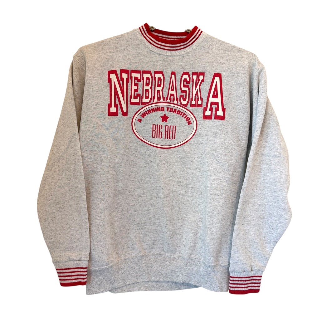 VTG Nebraska Big Red Sweatshirt College House Grey Red Sz L Fits Med‎ USA READ